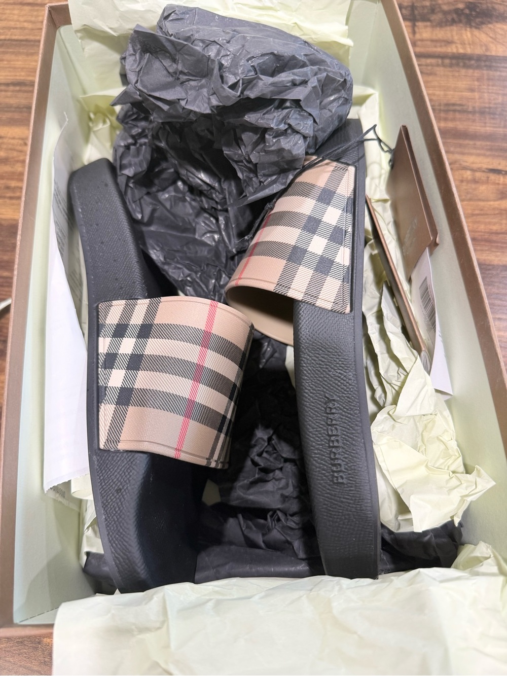 Burberry Plaid Slide Sandals in Beige and Black - Picture 6 of 9